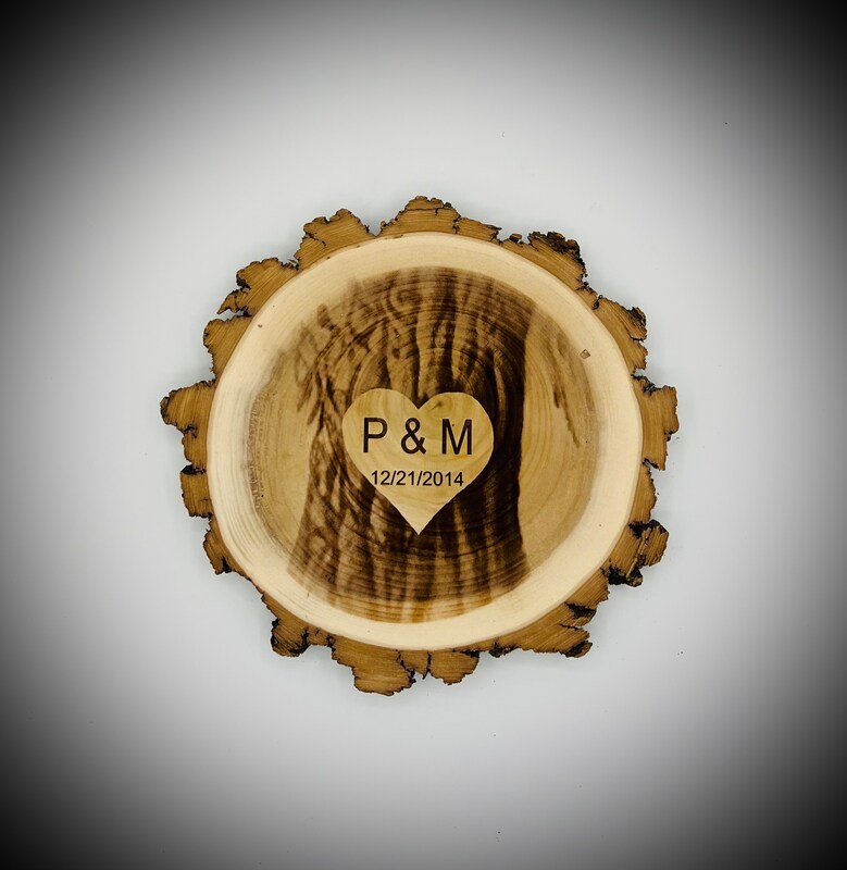Willow Wood Slice with Tree Trunk and Heart Carved Out with Your Personalization.  Tree trunk is very detailed. 9-10 inches x 1 inch thick.